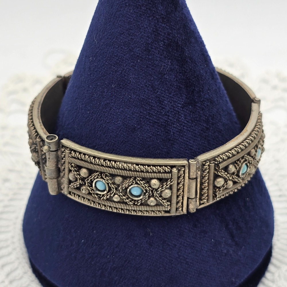 Antique Handmade Export Panel Bracelet Silver Blue Bead Hinged Link